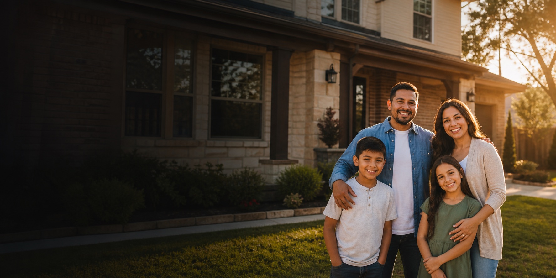 Happy family standing in front of their home